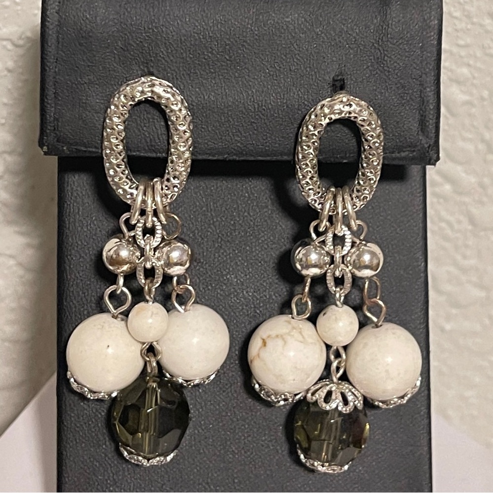 Erica Lyons Earrings Ivory Bead & Smoky Glass Drop Dangle Silver Tone